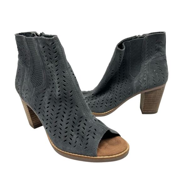 TOMS Majorca Gray Suede Leather Perforated Open Toe Ankle Bootie Heeled Sandals - Picture 2 of 12